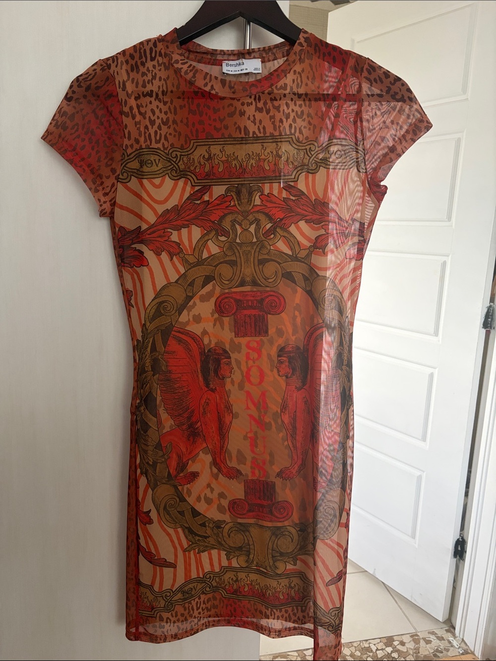 Bershka Red and Brown Sheer Graphic Panel Dress